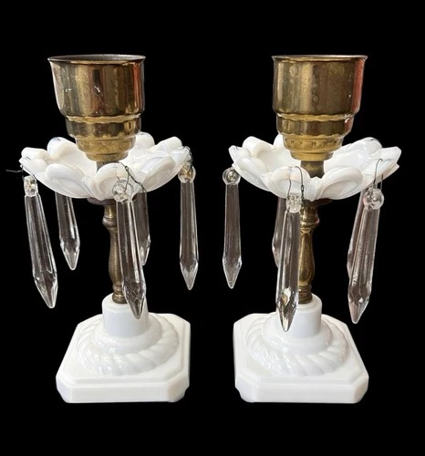Vintage Milk Glass Boudoir Candle Lamps W/ Hanging Crystals 8” X 3.5” Set Of Two