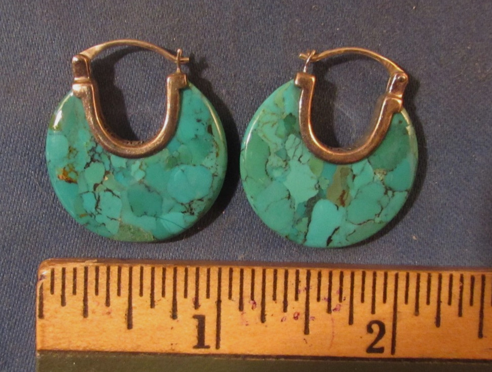 Vintage Signed * Barse * Sterling Silver & Turquoise Huggies 1 '' Flat Earrings