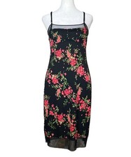  VTG Y2K BCBG Black  Pink Floral Slip Dress Mesh Detail Made in USA MEDIUM