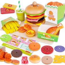 Montessori Toys Pretend Play Food Set for 3 4 5 Year Old, Wooden Fast Food Pl...