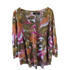 Tahari Womens 3X 100% Linen Tropical Leaf Print V-Neck 3/4 Sleev Top Olive Green