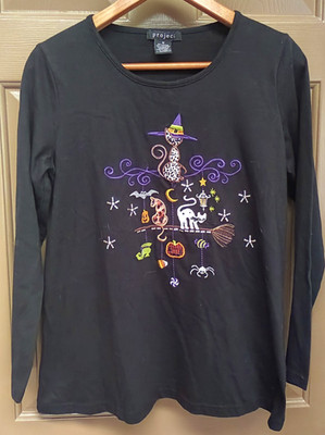 Project Sz M Halloween Shirt Women s Black Embroidered Witch Cats FUN