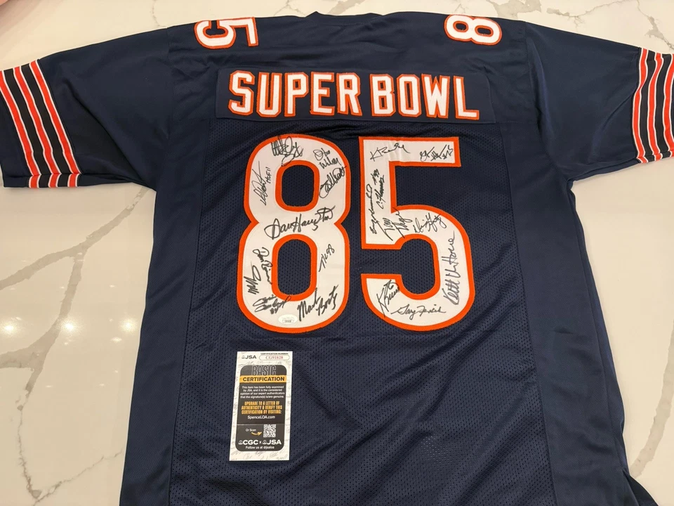 Camiseta deportiva firmada por el equipo Super Bowl XX Chicago Bears 1985 X19 certificado de autenticidad JSA CG91828 Foto 2 de 3