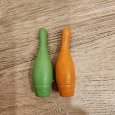2 Vintage 1978 Diener Bowling Pins Pencil Eraser Toy Mini Figurine Green Orange