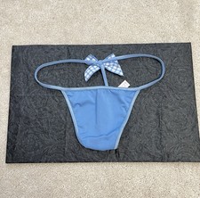 NEW Victoria's Secret M VTG Blue Silky Bow Girly V String Thong Panties MEDIUM