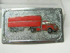 VINTAGE red semi-truck BELT BUCKLE 3.25 x 1.75” nonmagnetic Hook-Fast
