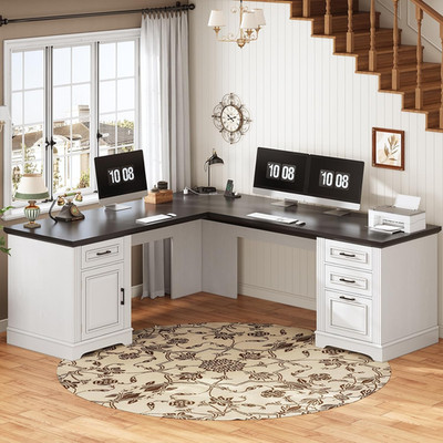 Farmhouse 69'' Executive L Shaped Desk, Home Office Desk with Drawers and Storage
