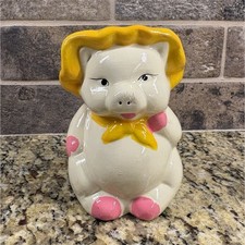 Vintage Ceramic Piggy Bank with Yellow Bonnet and Pink Accents Animal Theme