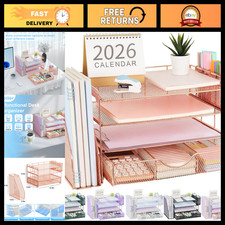 4-Tier Desk Organizer with File Holder, Drawer 2 Pen Holders - Rose Gold Offic