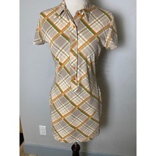 Vintage 90s Guess Jeans Plaid Mini Dress Orange Green Bodycon Short Sleeve S