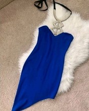 NWT Charlotte Russe Womens SM Blue Asymmetrical Bodycon Dress Halter Rhinestones