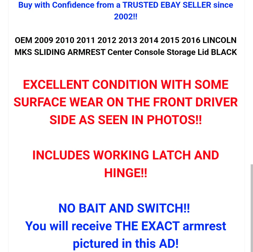 ✅OEM 2009-2016 Lincoln MKS SLIDING ARMREST Console Storage Lid BLACK Leather - Image 3 of 4