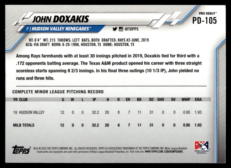 2020 Topps Pro Debut #PD-105 John Doxakis Hudson Valley Renegades - Image 2 of 2
