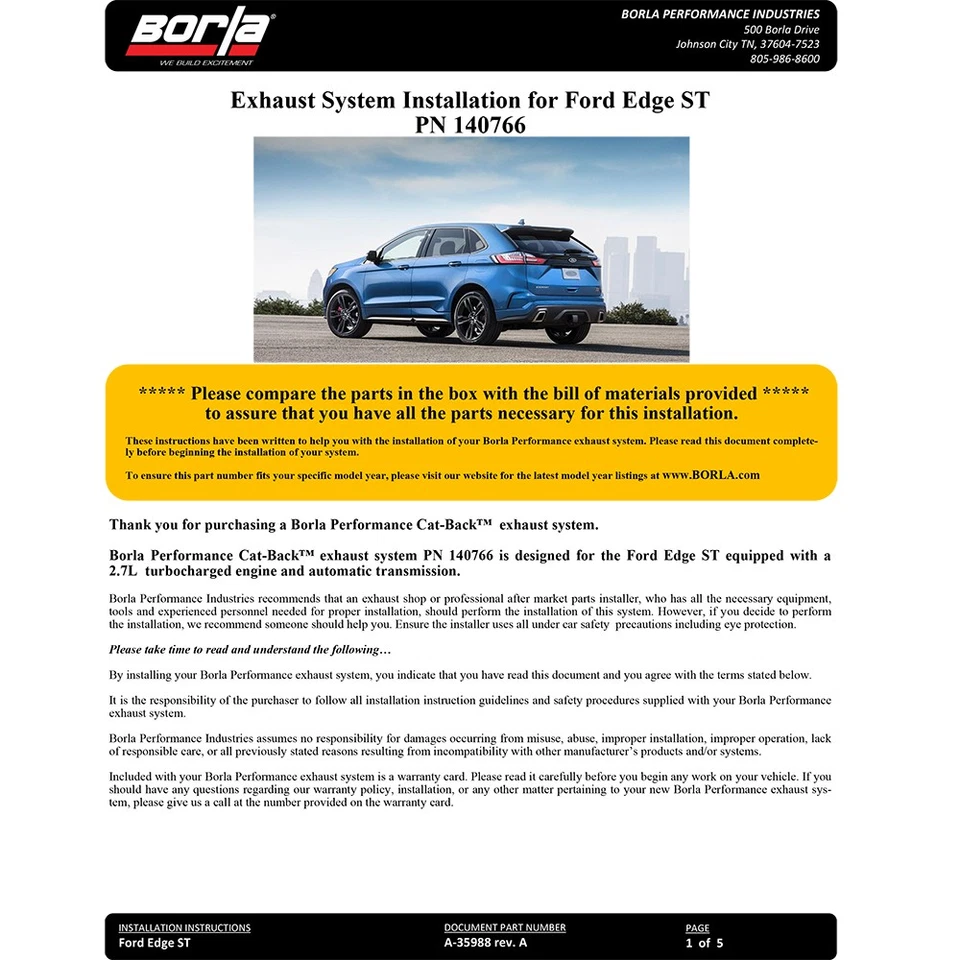 Escape trasero Borla 140766 tipo S acero inoxidable gato para Ford Edge ST 2019-2021 2,7 V6 Foto 3 de 4