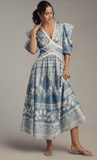 Anthropologie Farm Rio Maxi Dress Blue V Neck Puff Sleeve Preppy Boho Large NWT