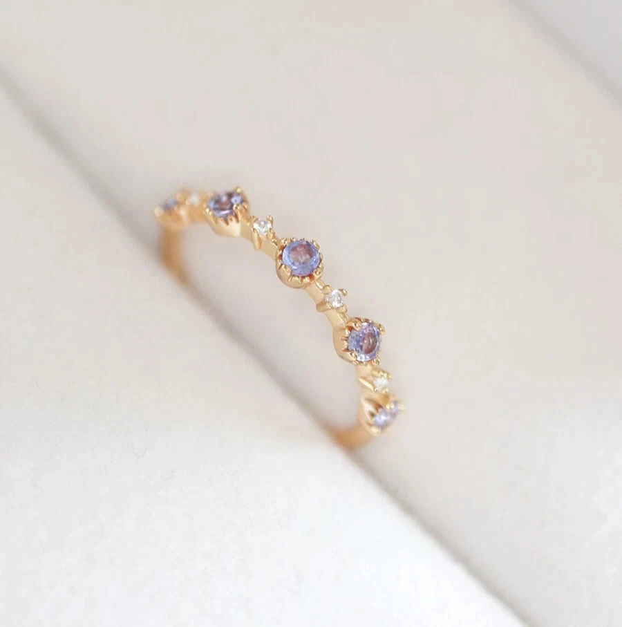 Anel aberto vintage 5* pedra preciosa ametista folheado a ouro 18K retrô cristal delicado - Imagem 2 de 4