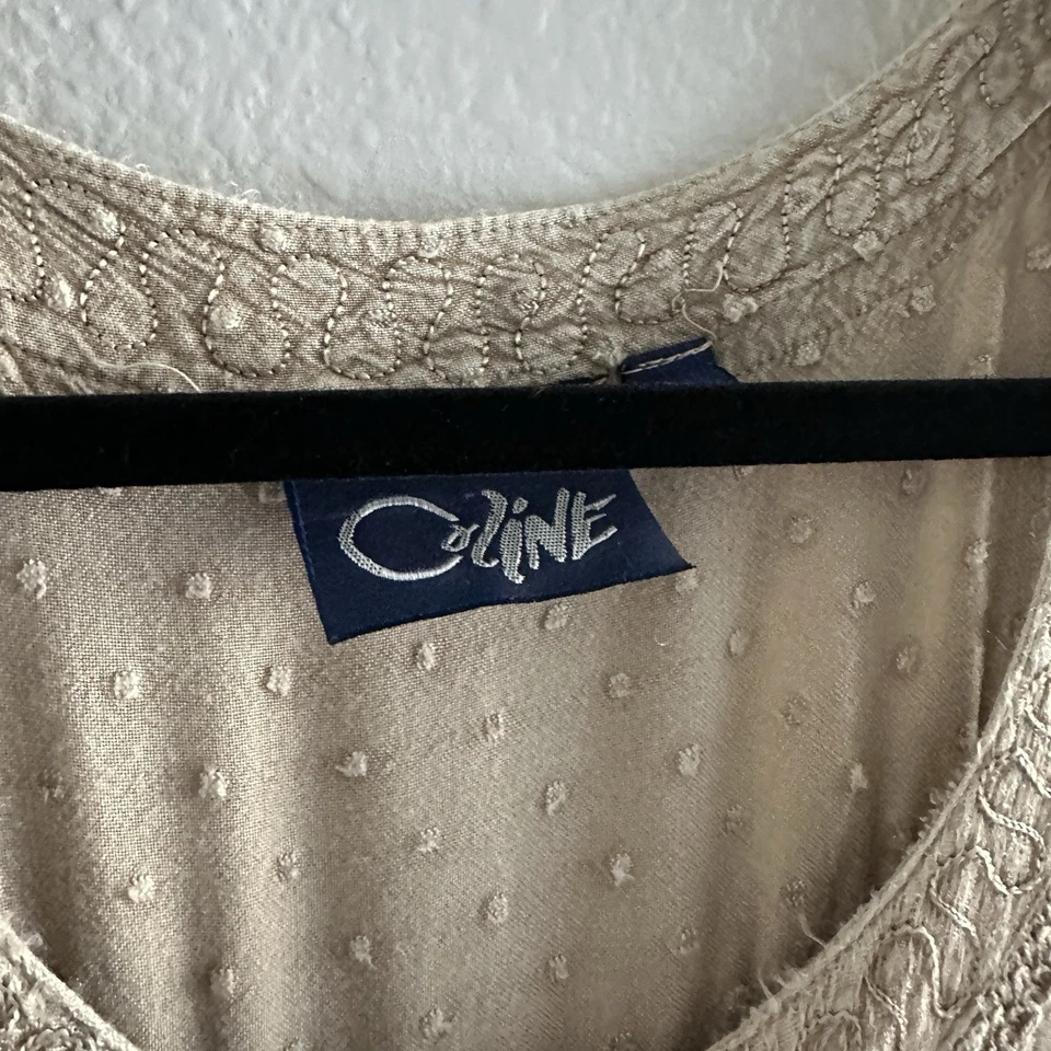 Vtg 90s Y2K Raya Sun Dress L Coline Tan Resort wear Boho Hippie - Image 3 of 4