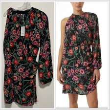 NWT Misa Hot Notta One Shoulder Black Floral Mini Cocktail Dress Large