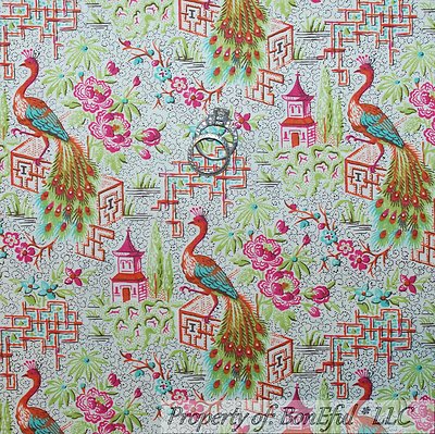 BonEful Fabric FQ Cotton Quilt White Aqua Pink Green Peacock