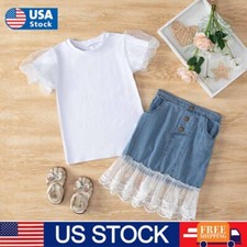Toddler Kids Baby Girls Outfit T-shirt Tops  Denim Shorts Kids 2PCS Clothes Set