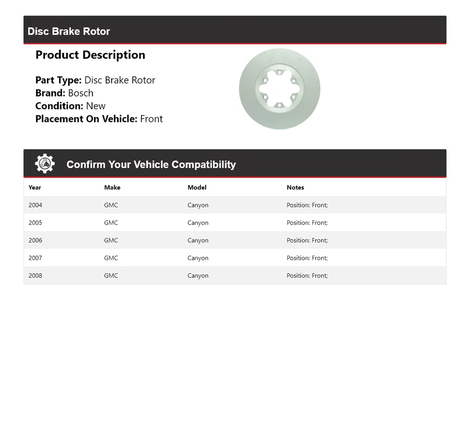 Para 2004-2008 GMC Canyon Bosch QuietCast rotor de freio a disco dianteiro 2005 2006 2007 - Imagem 2 de 4