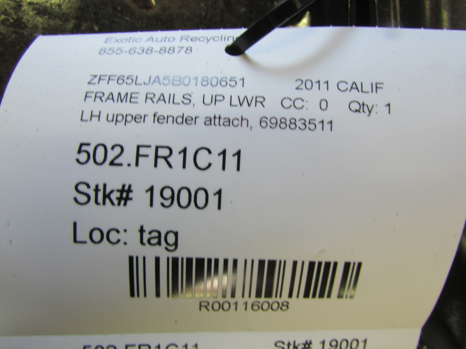 Ferrari California, LH, Left Fender Support Panel, Used, P/N 69883511