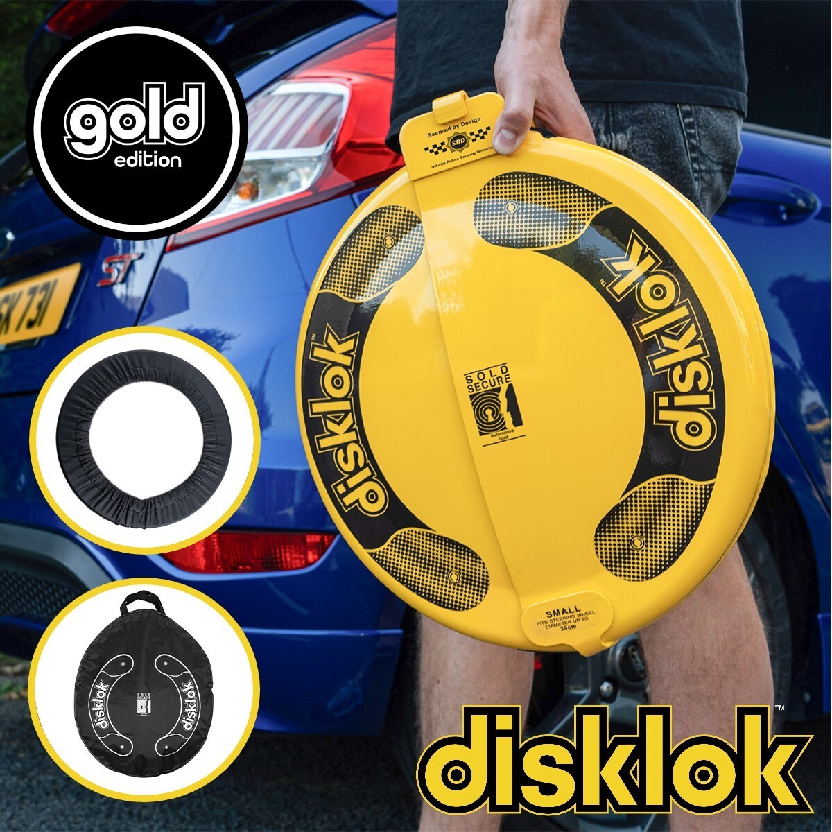 DISKLOK Gold Edition SMALL 3538.9cm Yellow Steering Wheel Lock Inc Bag