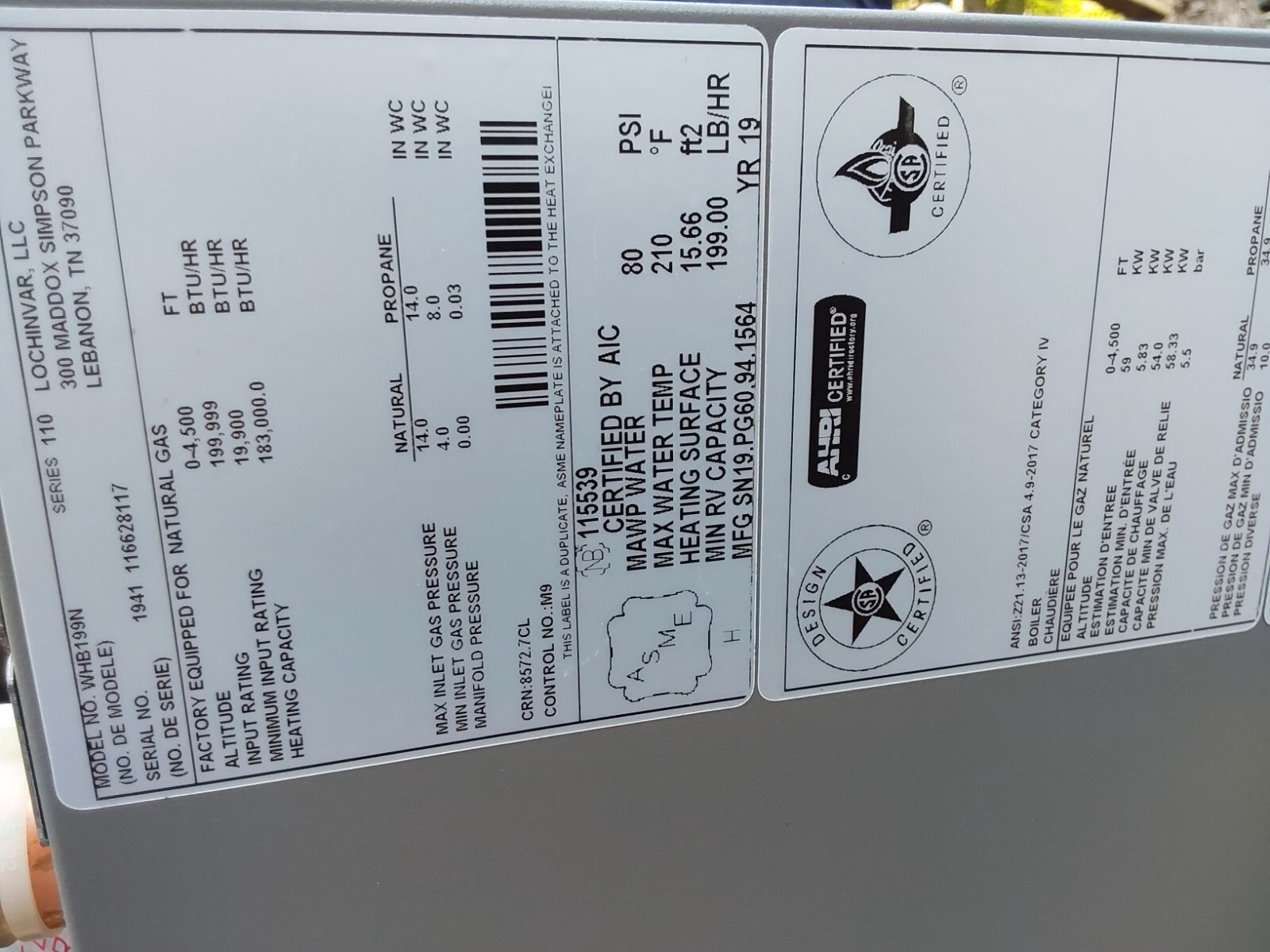 LOCHINVAR WALL HUNG BOILER WHB199N eBay