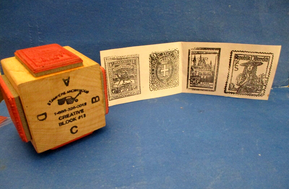 STAMPERS ANONYMOUS CREATIVE BLOCK #13  4 IN 1 CUBE COLLAGE RUBBER STAMP WOOD MTD