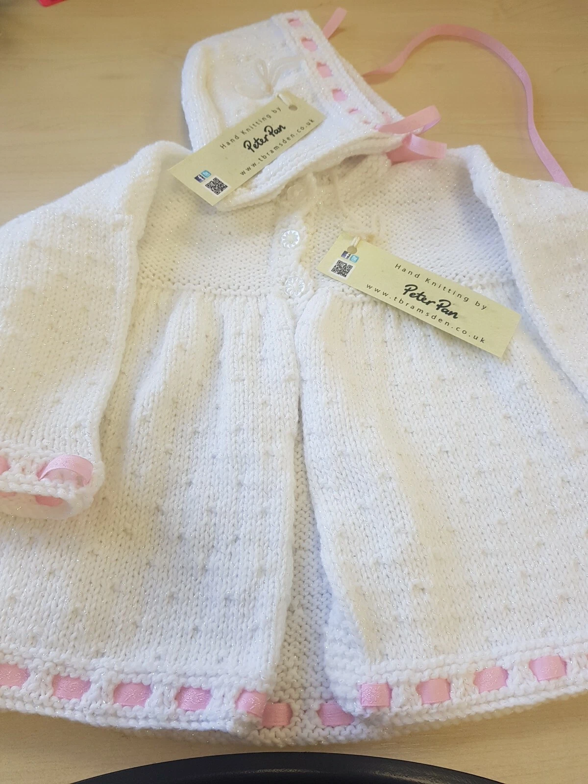 Childs Designer Baby cardigan and bonnet Knitwear, winter white and pink