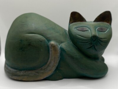 Vintage Large Wooden Resting Cat Figure Greenish Blue APM Company Thialand