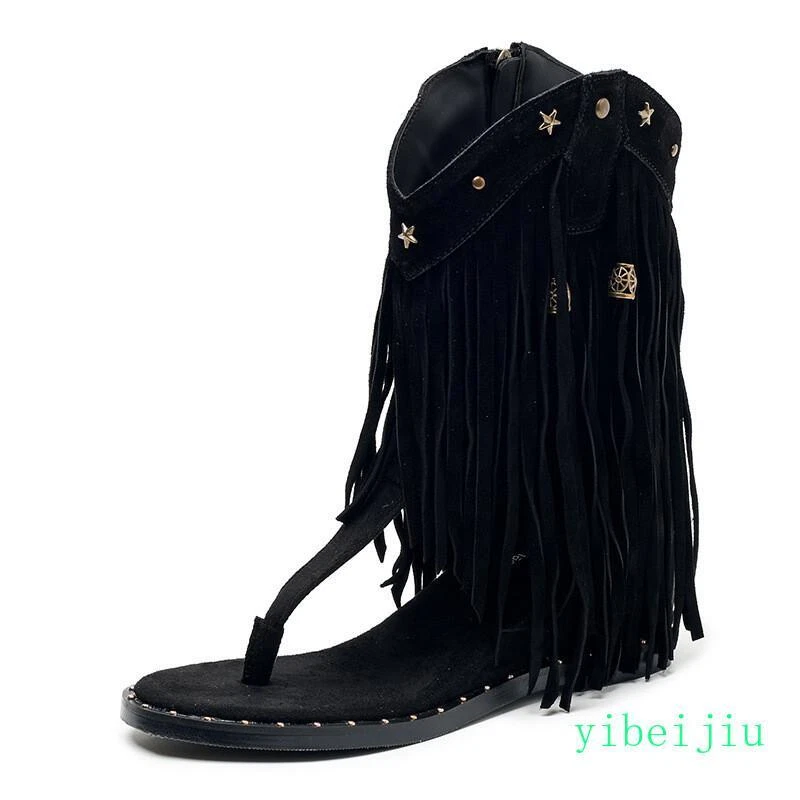 Women's Club Mid Calf Boots Roman Gladiator Sandals Suede Tassels Casual Western - Image 4 of 4