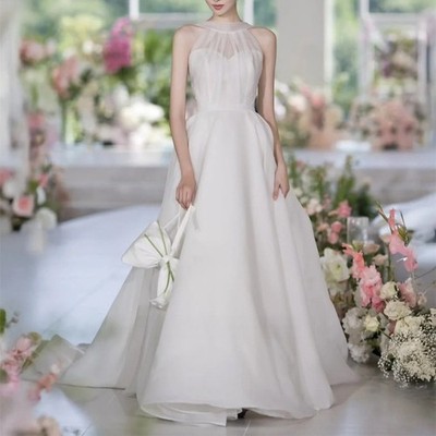 Halter Neck Organza Sleeveless Wedding Dress Simple Customized Pretty Bride Gown