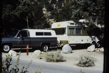 1970s Camping GMC Square Body Pickup Truck Camper Trailer Forest 35mm Slide