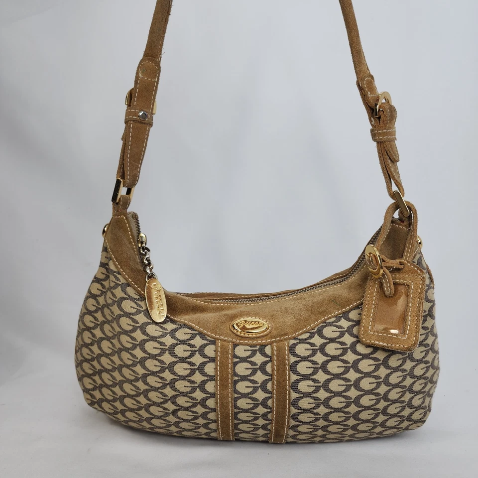 RARO Bolso Hobo Guess Y2K Monograma Gamuza Logo G Cartera de Hombro Marrón Tostado Foto 3 de 4