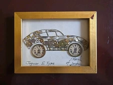 Vtg Horological Collage by L. Kersh, Jaguar E Type, Signed, Genuine, Clock Parts