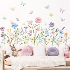 Flower Wall Decals Wildflower Grass Butterflies Stickers Peel and Stick Decor