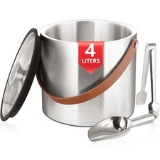 Bakpoco 4L Ice Bucket with Lid, Scoop,Tongs  Strainer, Stainless Steel Double...