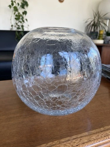 Large Vintage Blenko 10” Round Crackle Glass Globe Orb Vase 7928L Fishbowl