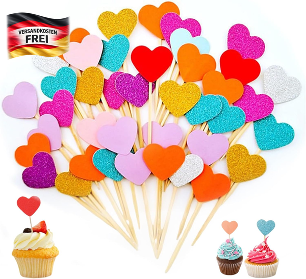100 StüCk Muffin Deko Herzen Cupcake Topper, Zahnstocher Kuchen Cocktail, Herzen-image
