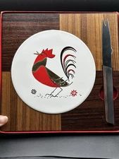 Vintage Ceramic Wood Chicken Rooster Cheese Serving Tray Trivet & Knife,  NOS