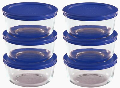 Pyrex Storage Cup Round Dish, Clear with Blue Lid, 12-Piece