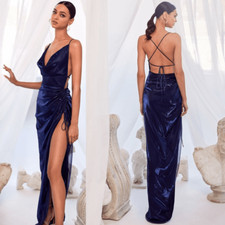 Alamour The Label Claudia Navy Ruched Draped Neck Sleeveless Strappy Back Gown M
