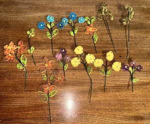 Vintage Quilling Art Paper Flowers Bouquet Craft Lot Of 12