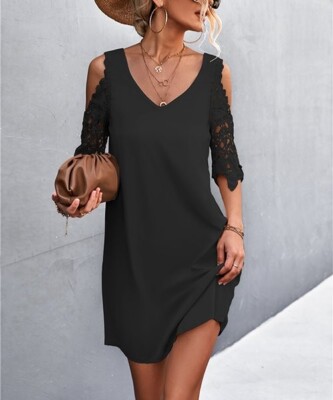 black lace shift dress with sleeves Danqi Black Lace-Sleeve V-Neck Shift Dress Size Medium