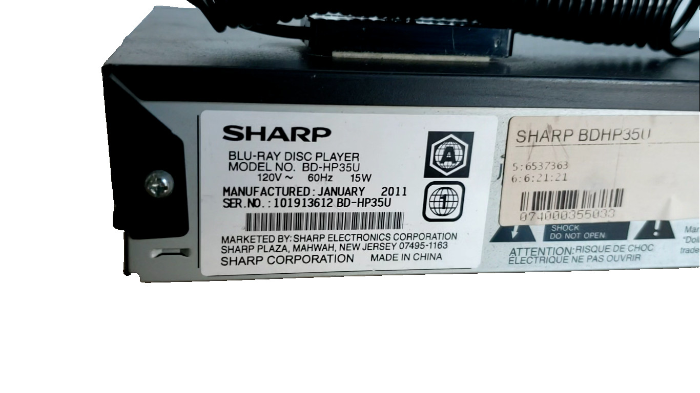 Sharp BD-HP35U Black HDMI USB DC 5V 15-Watts Blu-Ray 3D DVD CD Disc Player