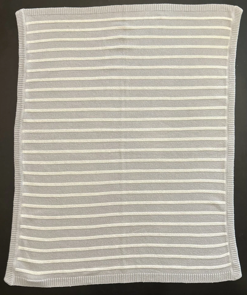 3 Pottery Barn Kids Knitted Blankets Grey White Striped Cable Knit Blue Sherpa - Image 2 of 4