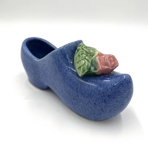 Vintage McCoy Pottery Dutch Shoe Planter 1940s USA Blue Speckled W/Pink Rose