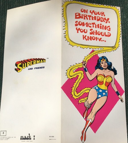 RARA CARTOLINA COMPLEANNO 1978 DC COMICS WONDER WOMAN #3 SUPERMAN/FRIENDS MARK 1 USA - Foto 3 di 4