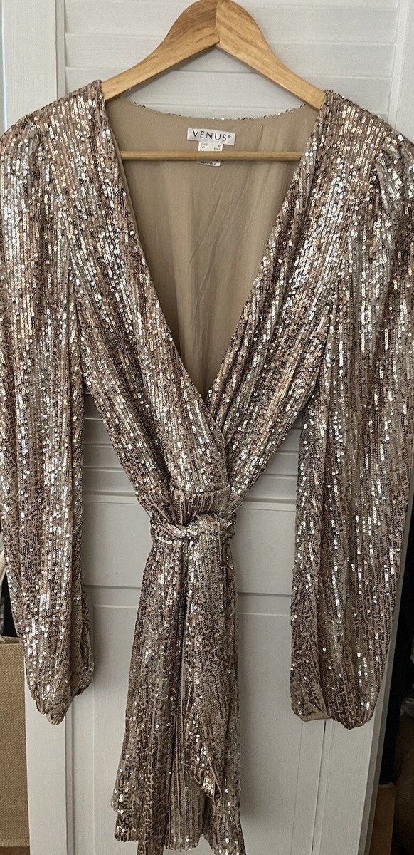 venus sequin wrap dress Silver & Gold Belted Sequin Wrap Dress